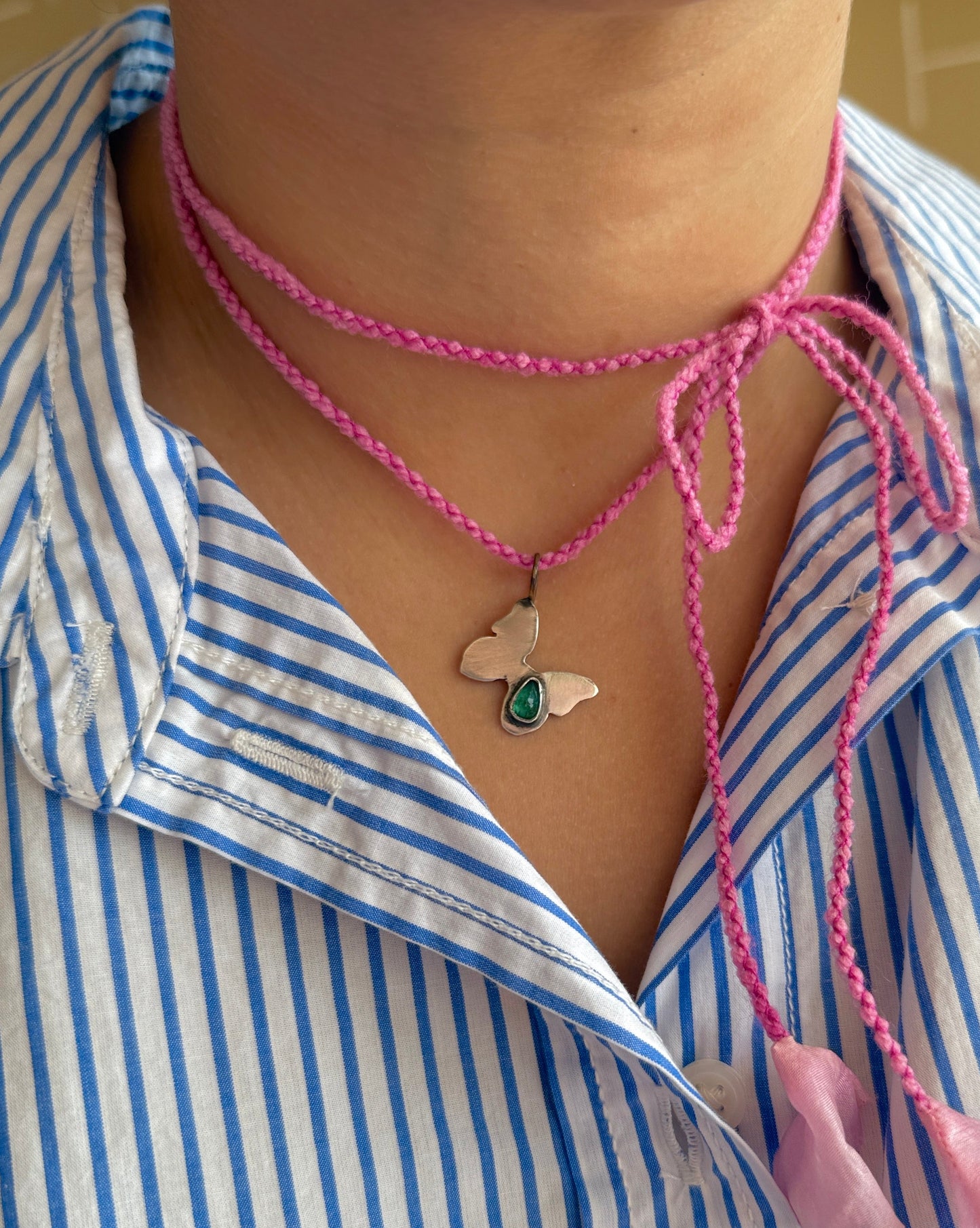 Silver Butterfly Emerald Charm