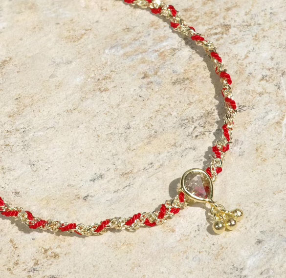 Red Silk and Chain Braided Necklace