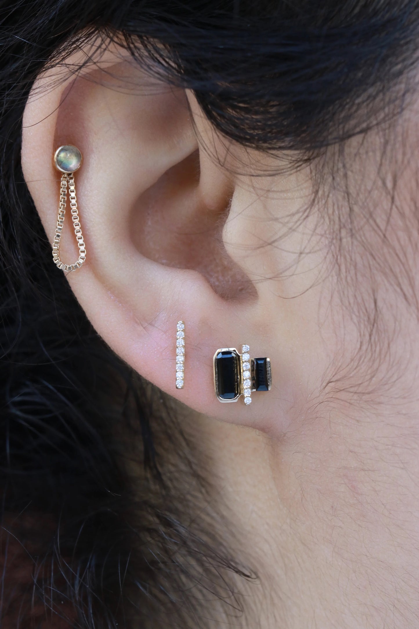 Black Spinel & Diamond Ladder Studs