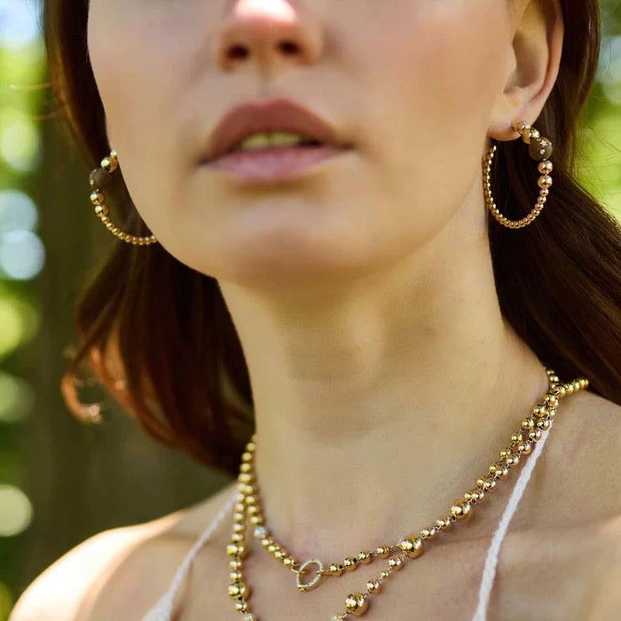 Beaded Gold Wood Hoops