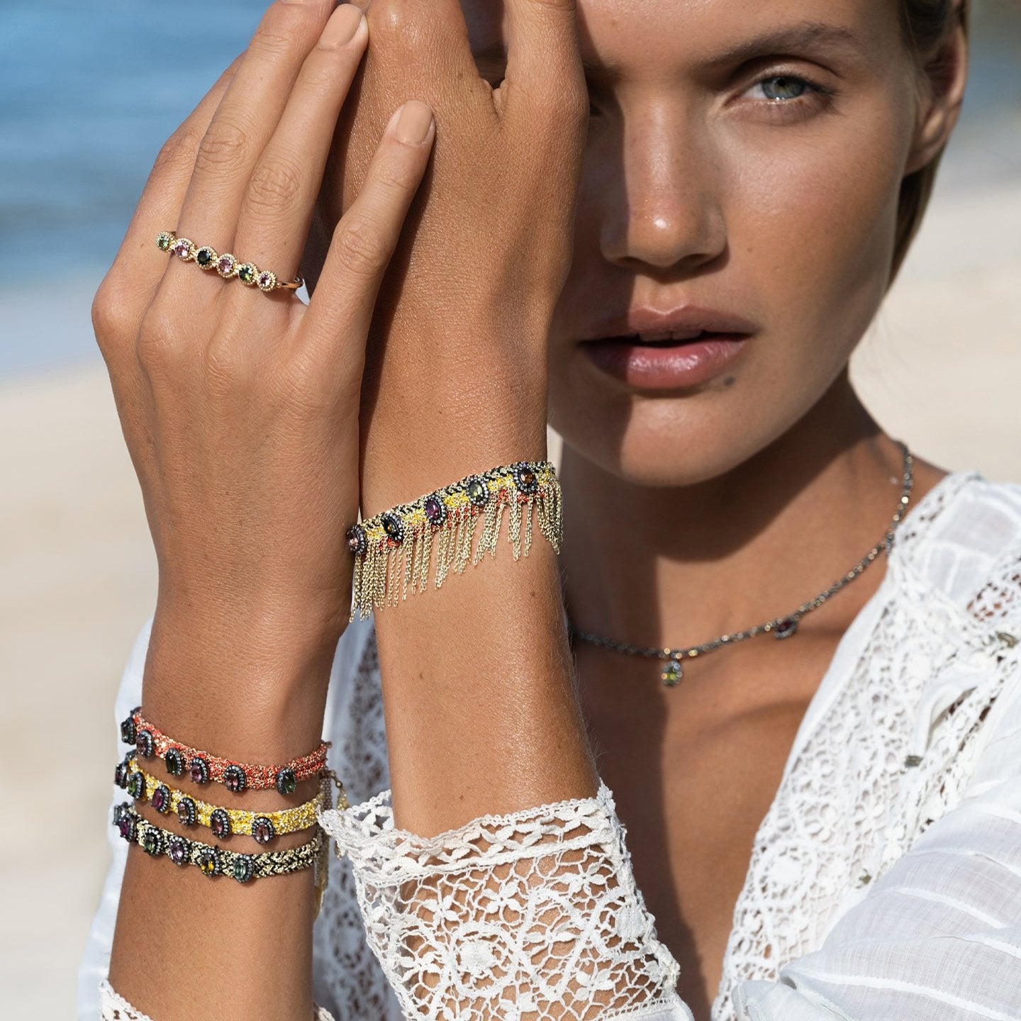 Yellow Silk, Tourmalines & Chain Woven Bracelet