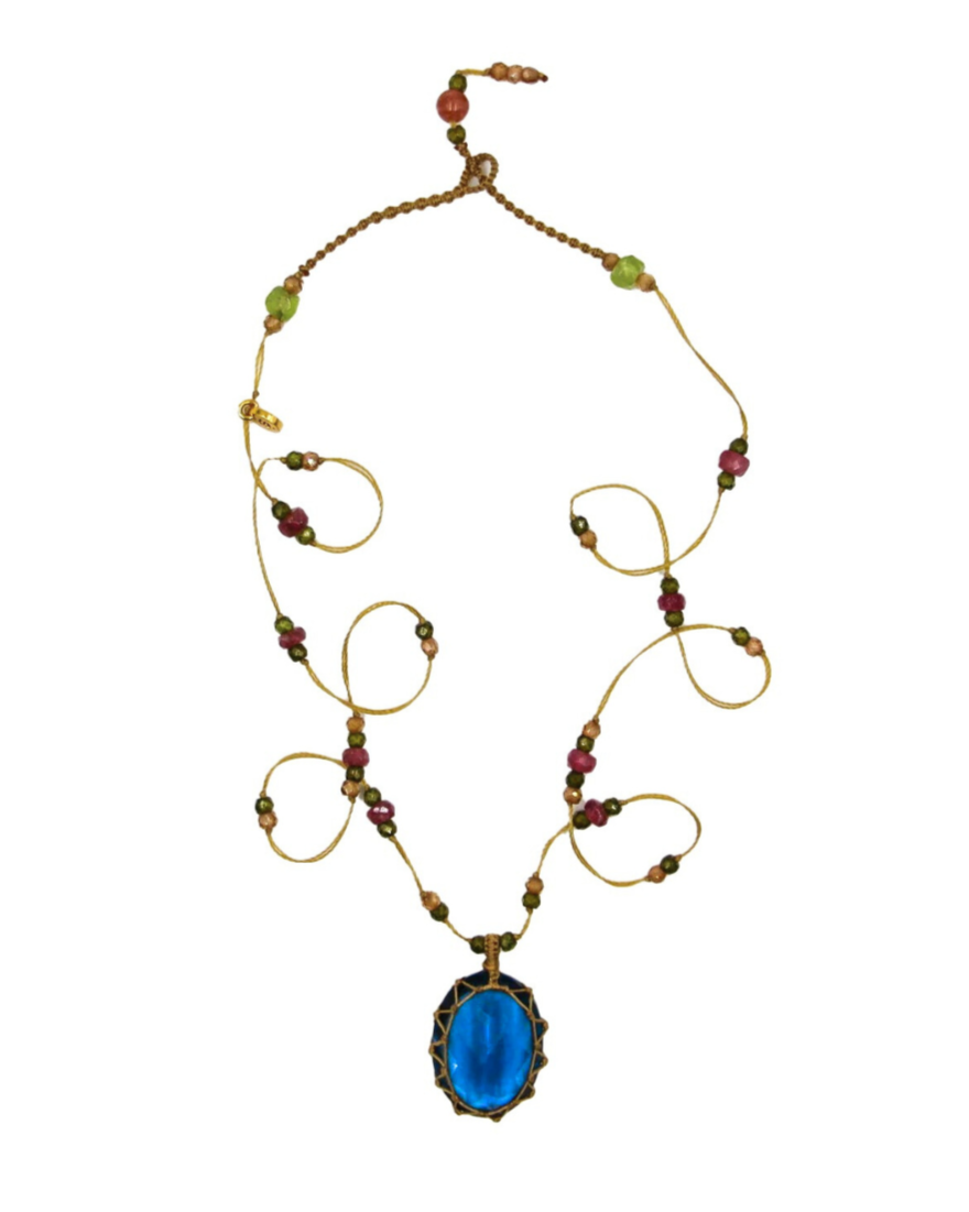 Necklace with blue pendant and multicolored beads on a white background