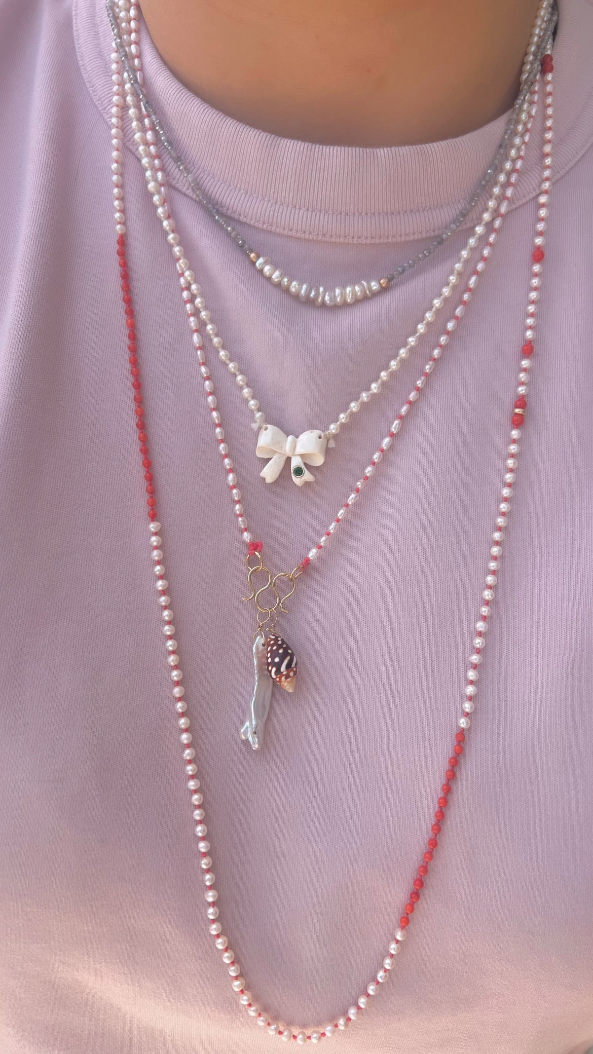 Bow Pendant and Pearl Strand Necklace