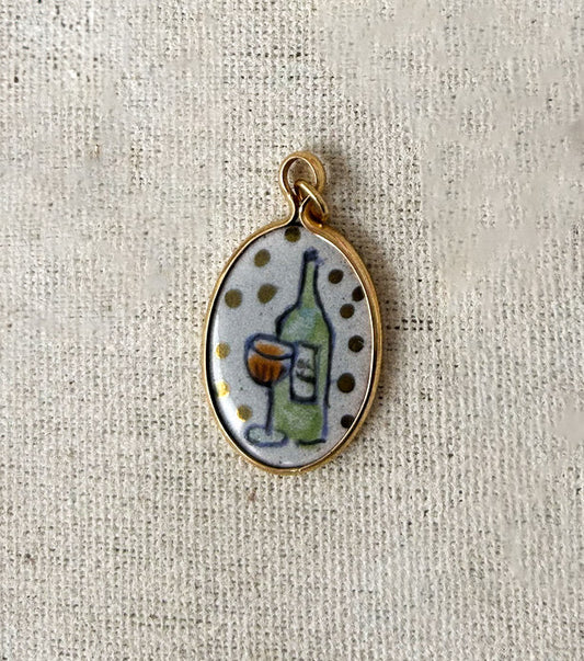 Wine Bottle and Glass Enamel Pendant