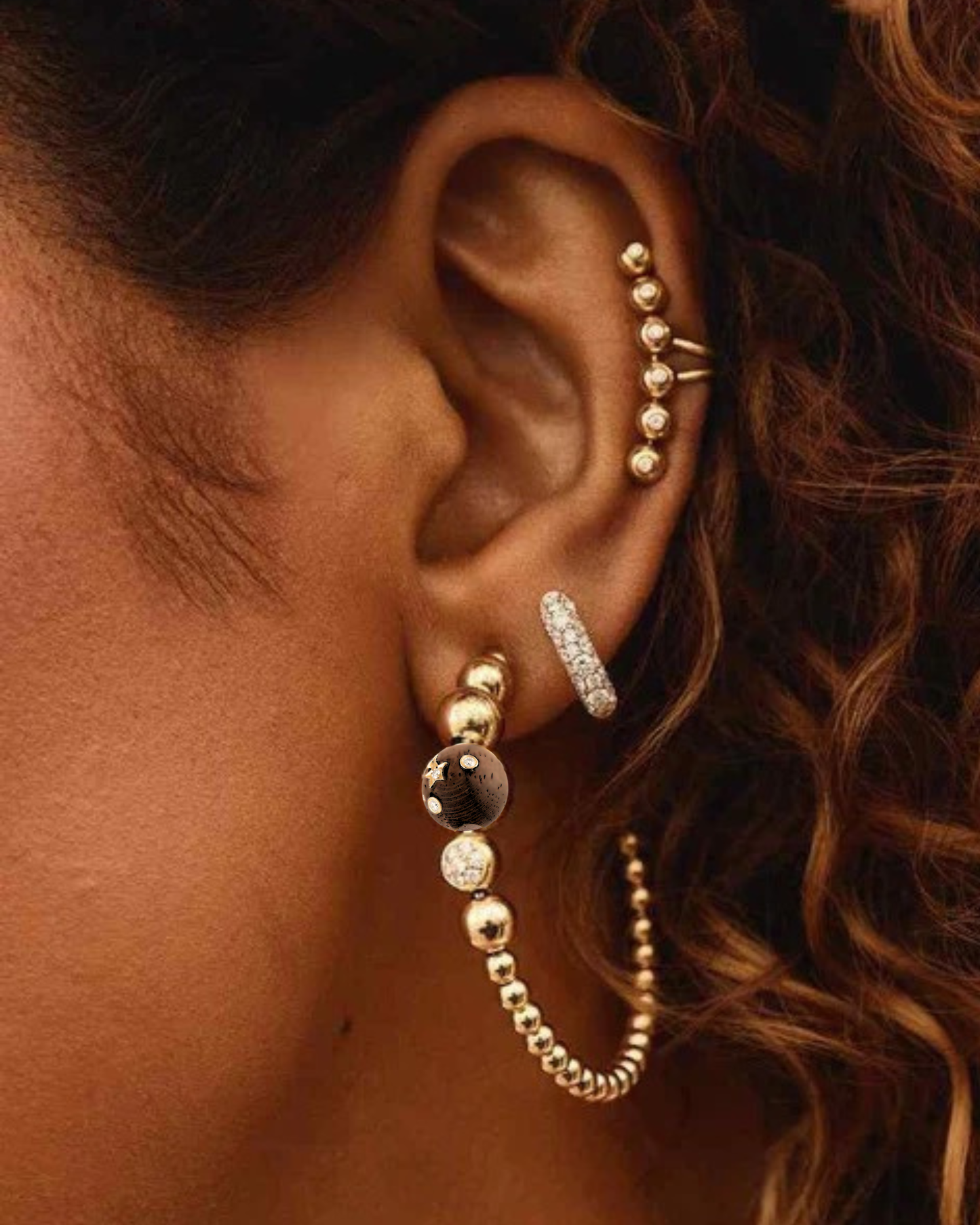 Beaded Gold Wood Hoops