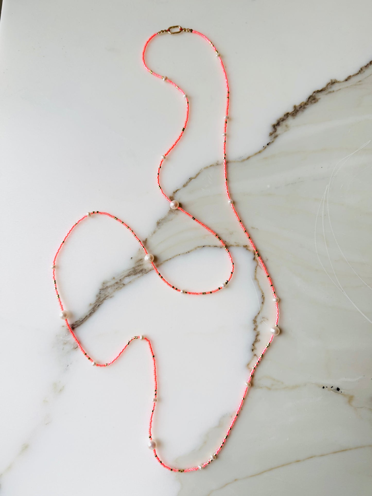 Neon Peach Beads with Pearls Necklace