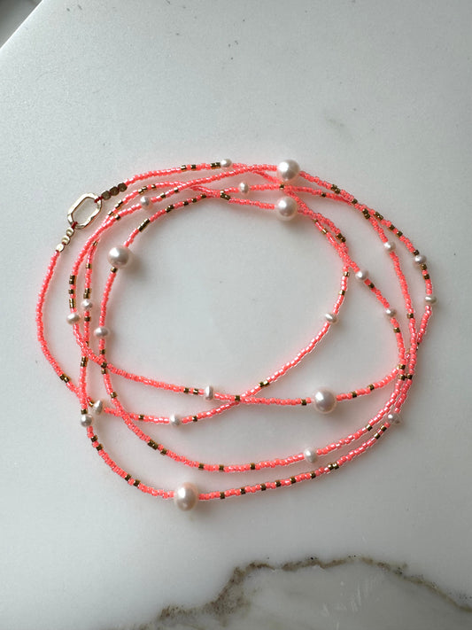 Neon Peach Beads with Pearls Necklace