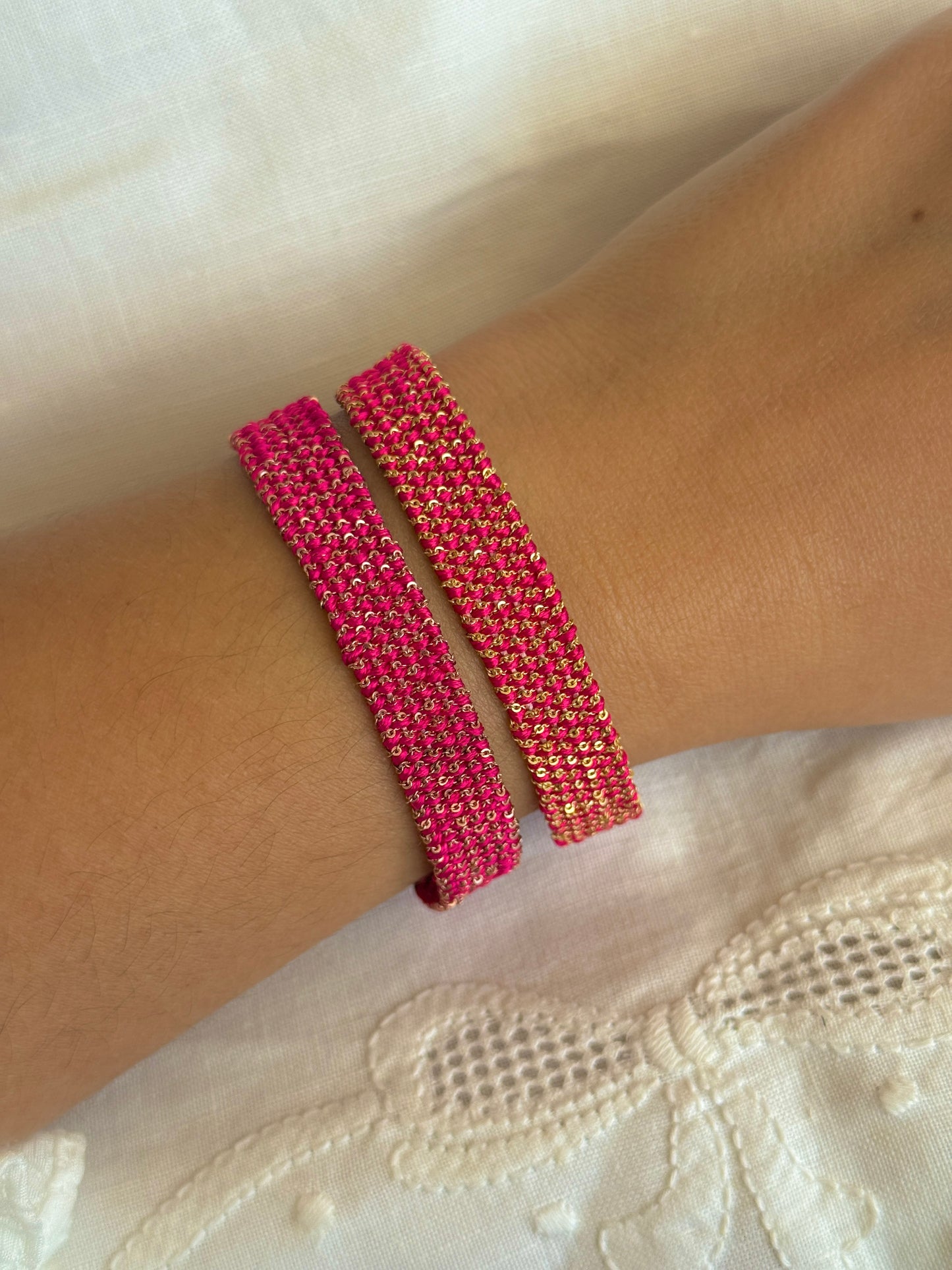 Textured Woven Wide Bracelet - Fuchsia