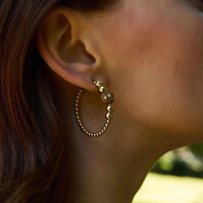 Beaded Gold Wood Hoops