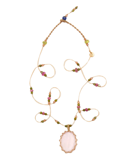 Beaded necklace with a pink pendant on a white background