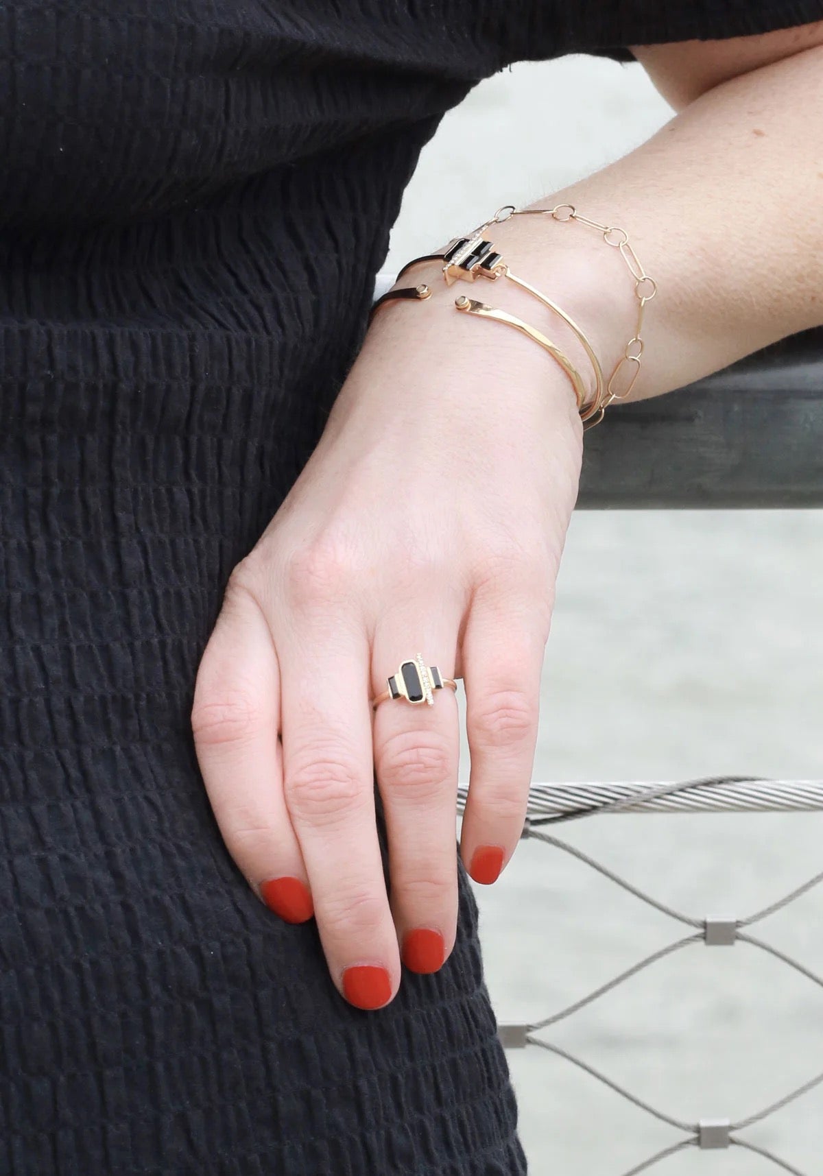 Black Spinel & Diamond Ladder Ring