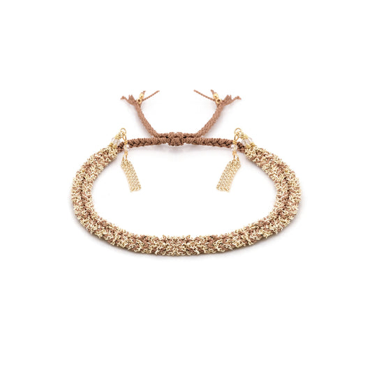 Beige Silk and Chain Woven Bracelet