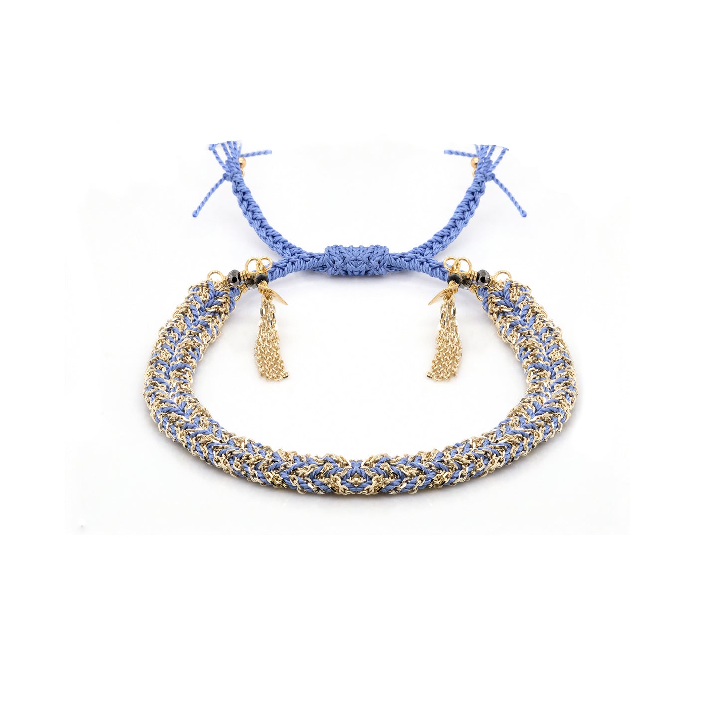 Blue Silk and Chain Woven Bracelet