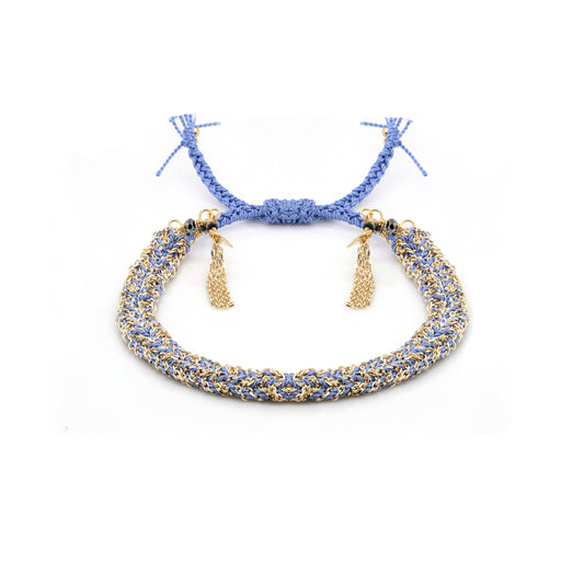 Blue Silk and Chain Woven Bracelet