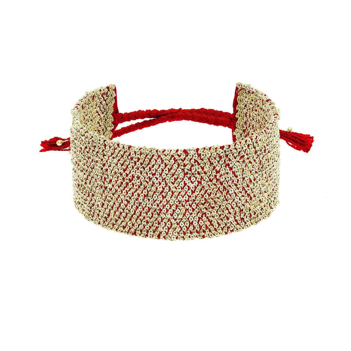 Red Silk and Chain Woven Wide Bracelet