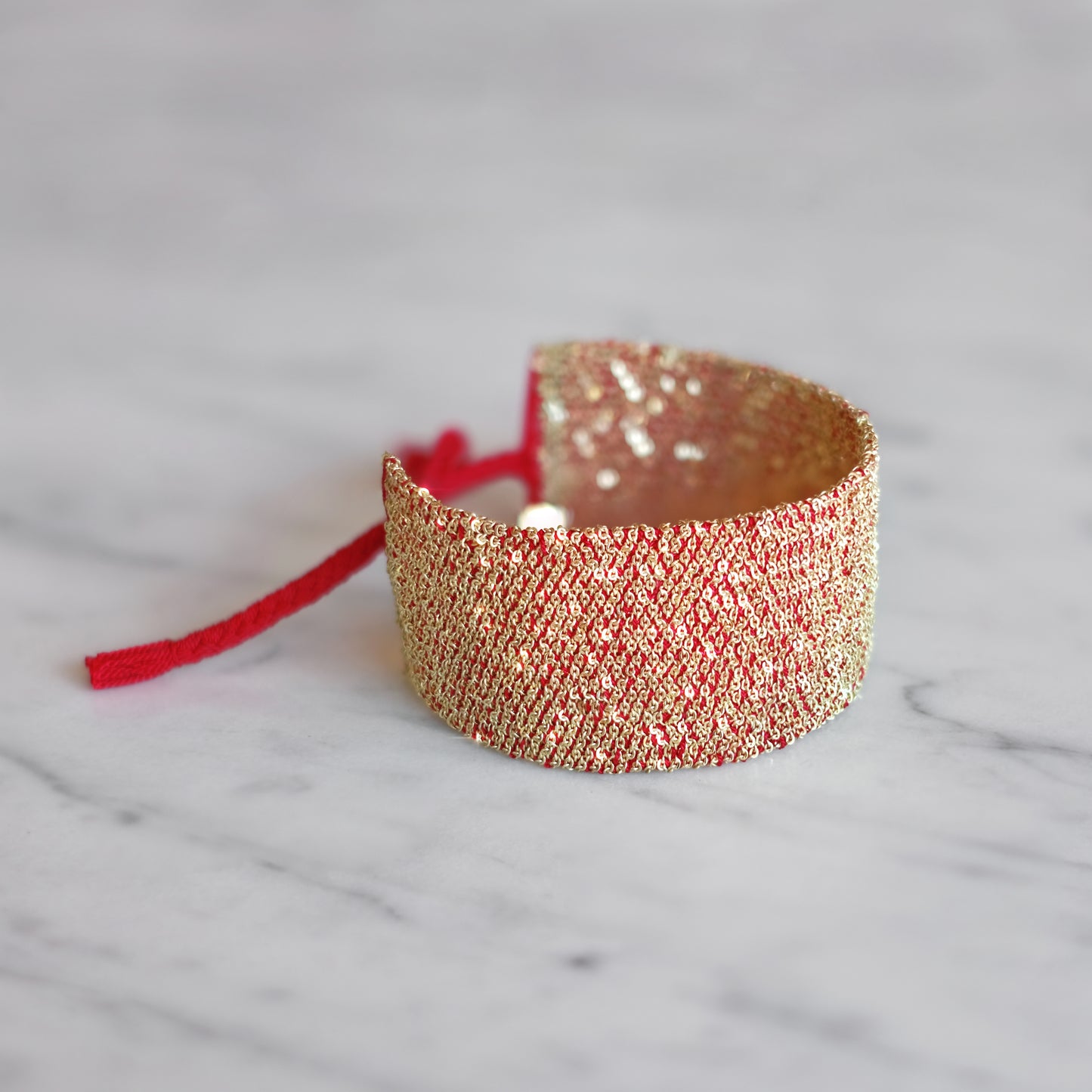 Red Silk and Chain Woven Extra Wide Bracelet