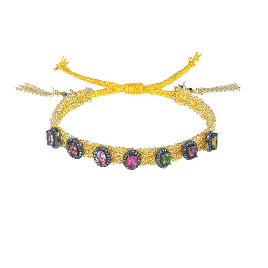 Yellow Silk, Tourmalines & Chain Woven Bracelet