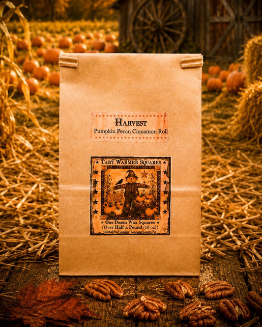 A kraft paper bag labeled 'Harvest Pumpkin Spice Cinnamon Roll' stands upright in a rustic fall farm scene with hay bales, pumpkins, corn, and scattered pecans.