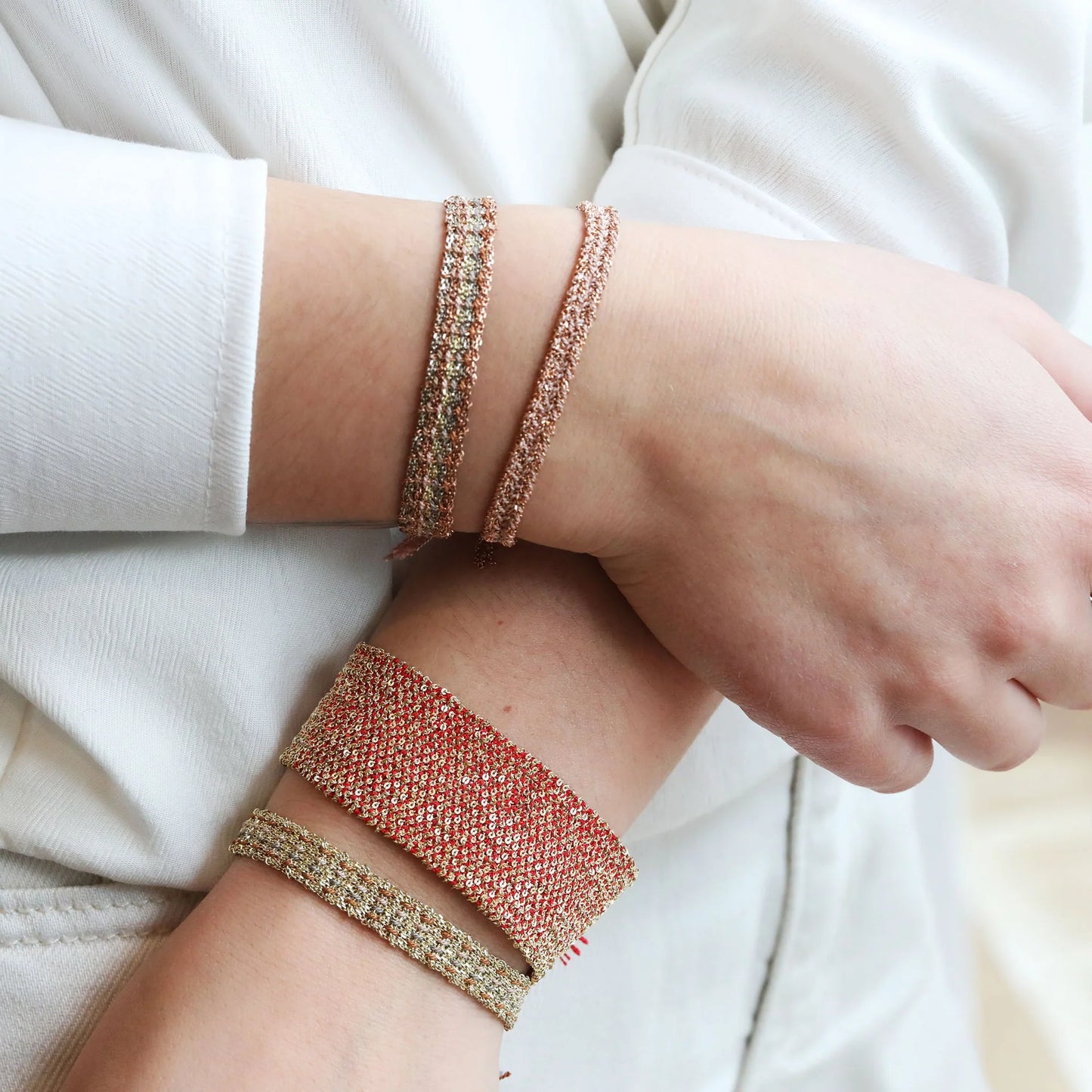 Red Silk and Chain Woven Wide Bracelet