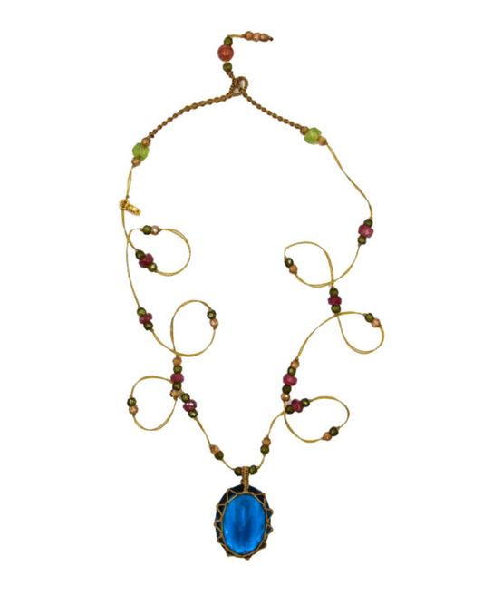 Necklace with blue pendant and multicolored beads on a white background